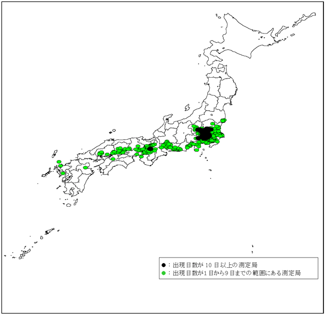 図：図３－５　注意報レベル(0.12ppm以上)の濃度が出現した日数の分布(全国：一般局)