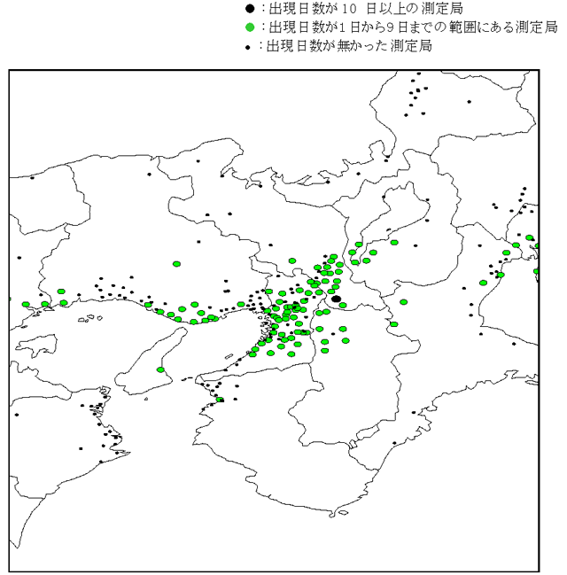 図：図３－６　注意報レベル(0.12ppm以上)の濃度が出現した日数の分布（関西地域）