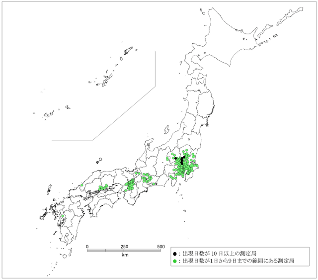 図：図３－５　注意報レベル(0.12ppm以上)の濃度が出現した日数の分布(全国：一般局)