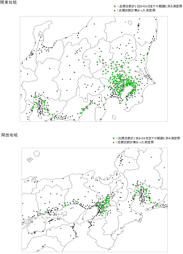 図：図３－６　注意報レベル(0.12ppm以上)の濃度が出現した日数の分布（関東地域、関西地域：一般局）