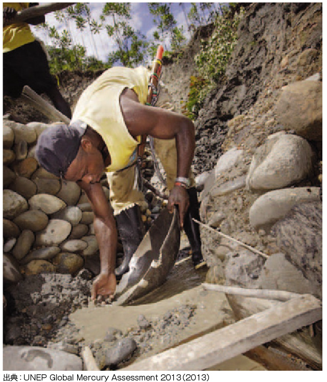 写真：金採掘現場での採掘の様子、黒人男性が砂金をさらっている