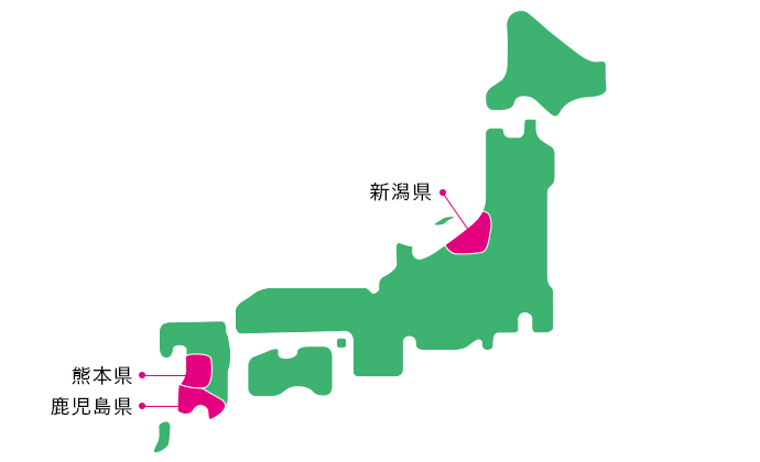 図：水俣病が発生した県。新潟県・熊本県・鹿児島県