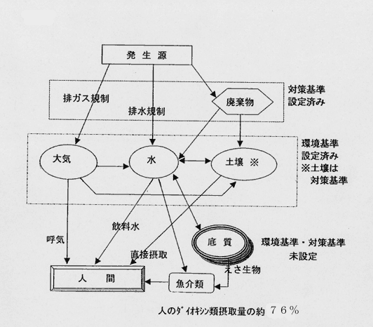 図：ダイオキシン類の人暴露の経路と、環境基準・対策基準の設定状況