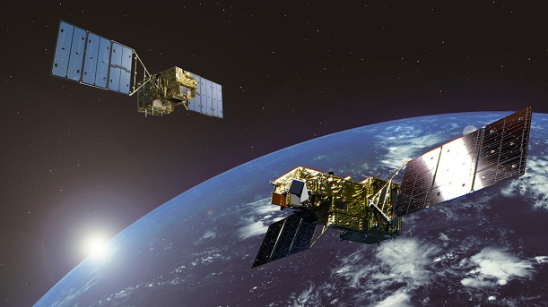 Illustration of GOSAT and GOSAT-2, observing earth from the space.