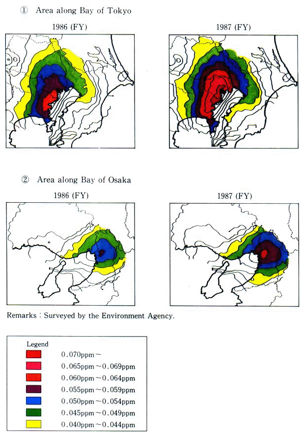 Fig. 12 Status of Annual Nitrogen Dioxide Density Value in Aress along Bay of Tokyo and Bay of Osaka