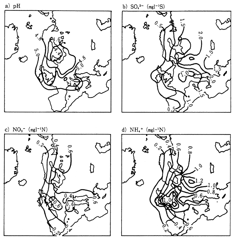 Fig. 1-1-9 Concentrations of pH, ion sulfate, etc. in European Pprecipitation