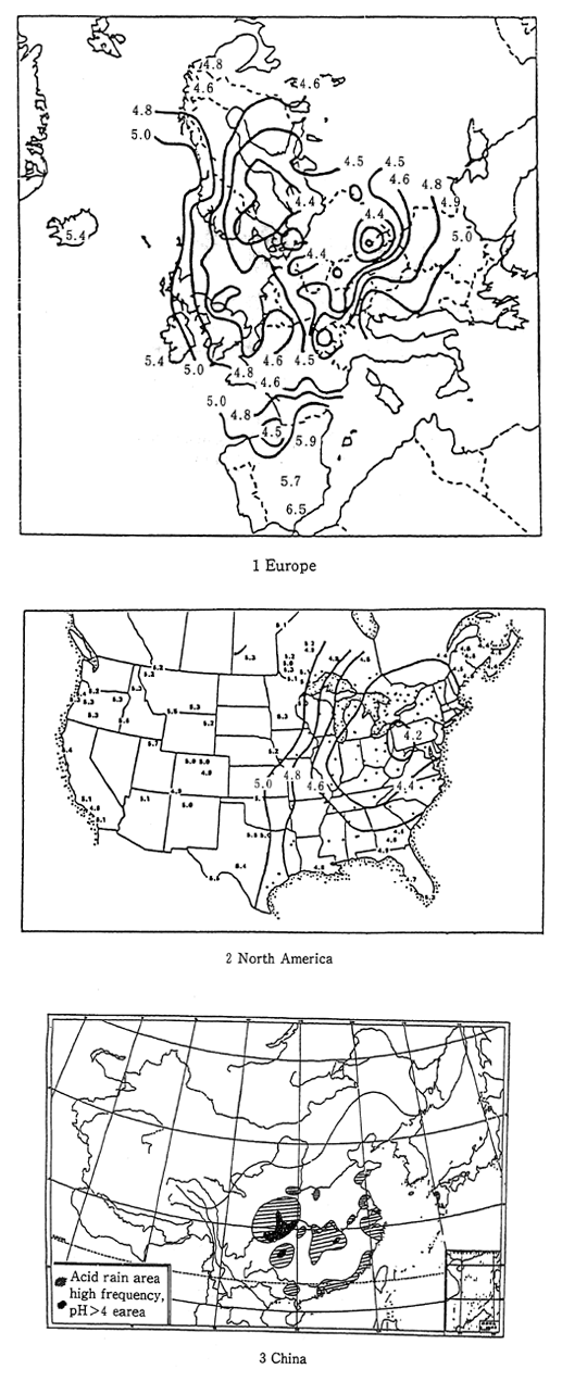 Fig. 1-1-25 pH Distribution of th Rainfall in Europe, North America and China