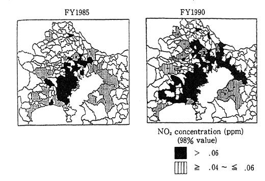 Fig. 3-1-2 Distributions of Environmental Concentrations of Nitrogen Dioxide in Tokyo Bay Area (Automobile exhaust gas monitoring stations)
