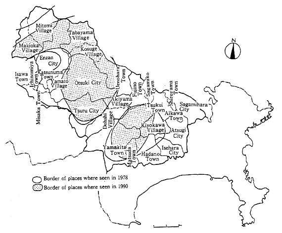 Fig. 4.6-2 Areas Inhabited by the Asian Black Bear in the Tanzawa and Dai Bosatsu Mountain Regions along with Boundaries of Cities and Townships