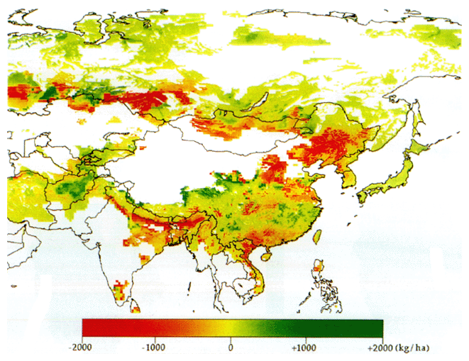Fig. 2-2-9 Change in Potential Production of Winter Wheat in the Asian Region (1990/2010)