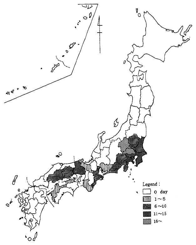 Fig. 5-1-7 Total Number of Days that a Photochemical Oxdant Pollution Warning was issued by Prefectures in 1994
