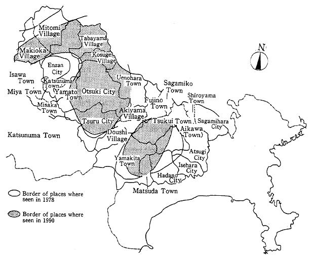 Fig. 5-6-2 Areas Inhabited by the Asian Black Bear in the Tanzawa and Dai-Bosatsu Mountain Regions along with Bouiidaries of Cities and Townships