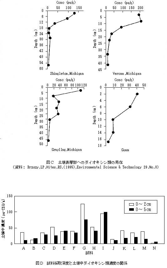 図：C 土壌表層部へのダイオキシン類の局在 図：D 試料採取深度と土壌中ダイオキシン類濃度の関係