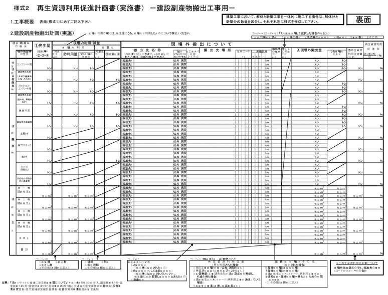 図：再生資源利用促進計画書（実施書）-建設副産物搬出工事用- 裏面