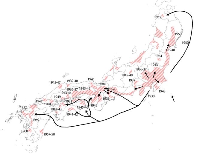 アメリカザリガニの全国への拡散を示す地図