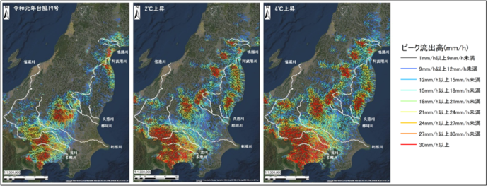 ピーク流出高の値を色別に地図上で表した図