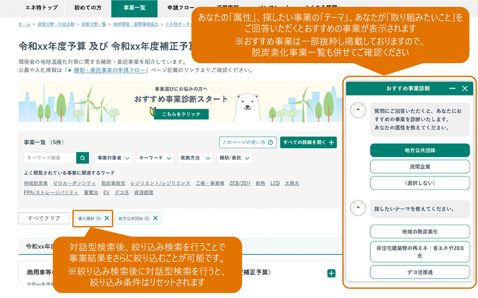 脱炭素化事業一覧 おすすめ事業診断の使い方
