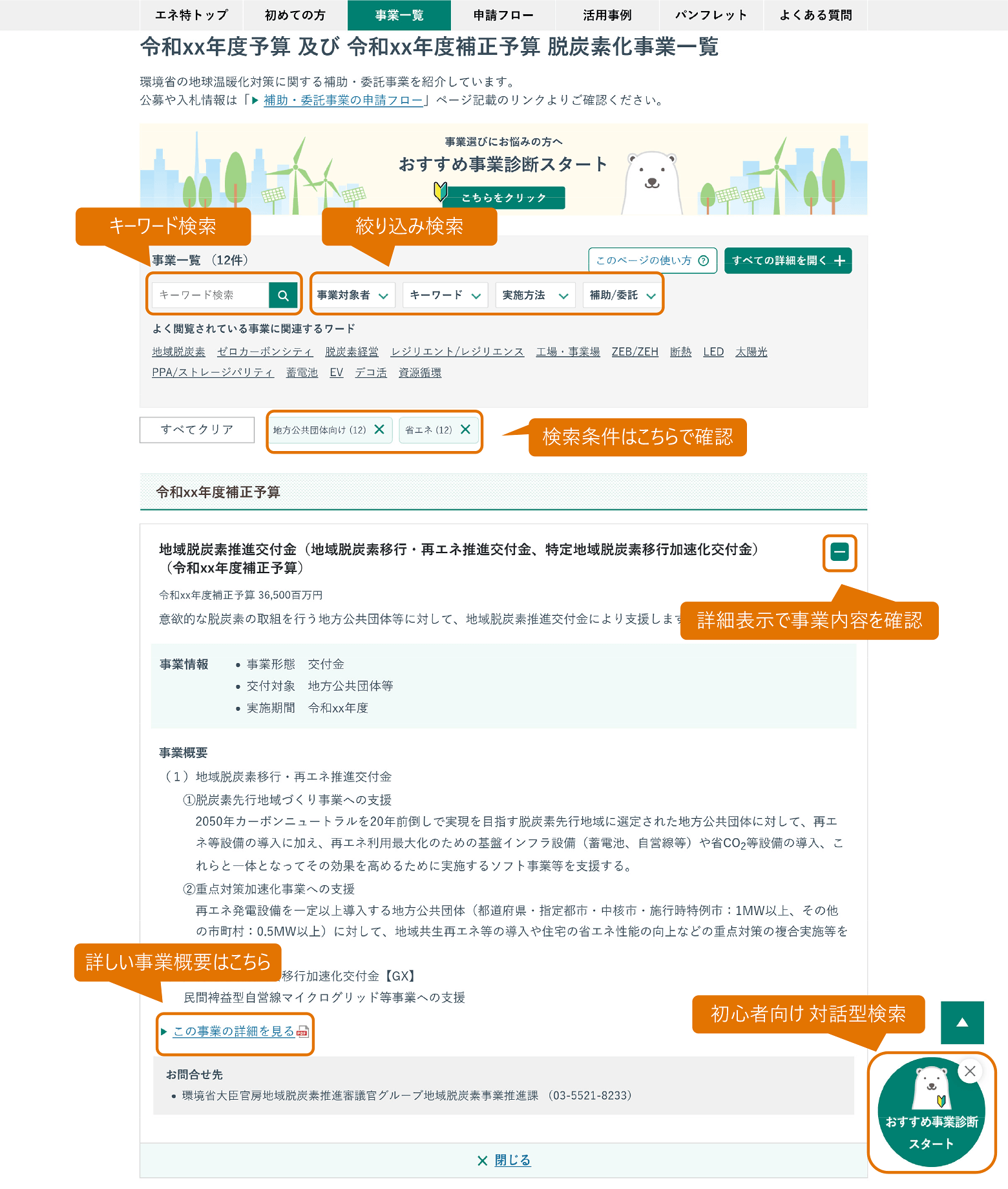 脱炭素化事業一覧 ページ機能の使い方