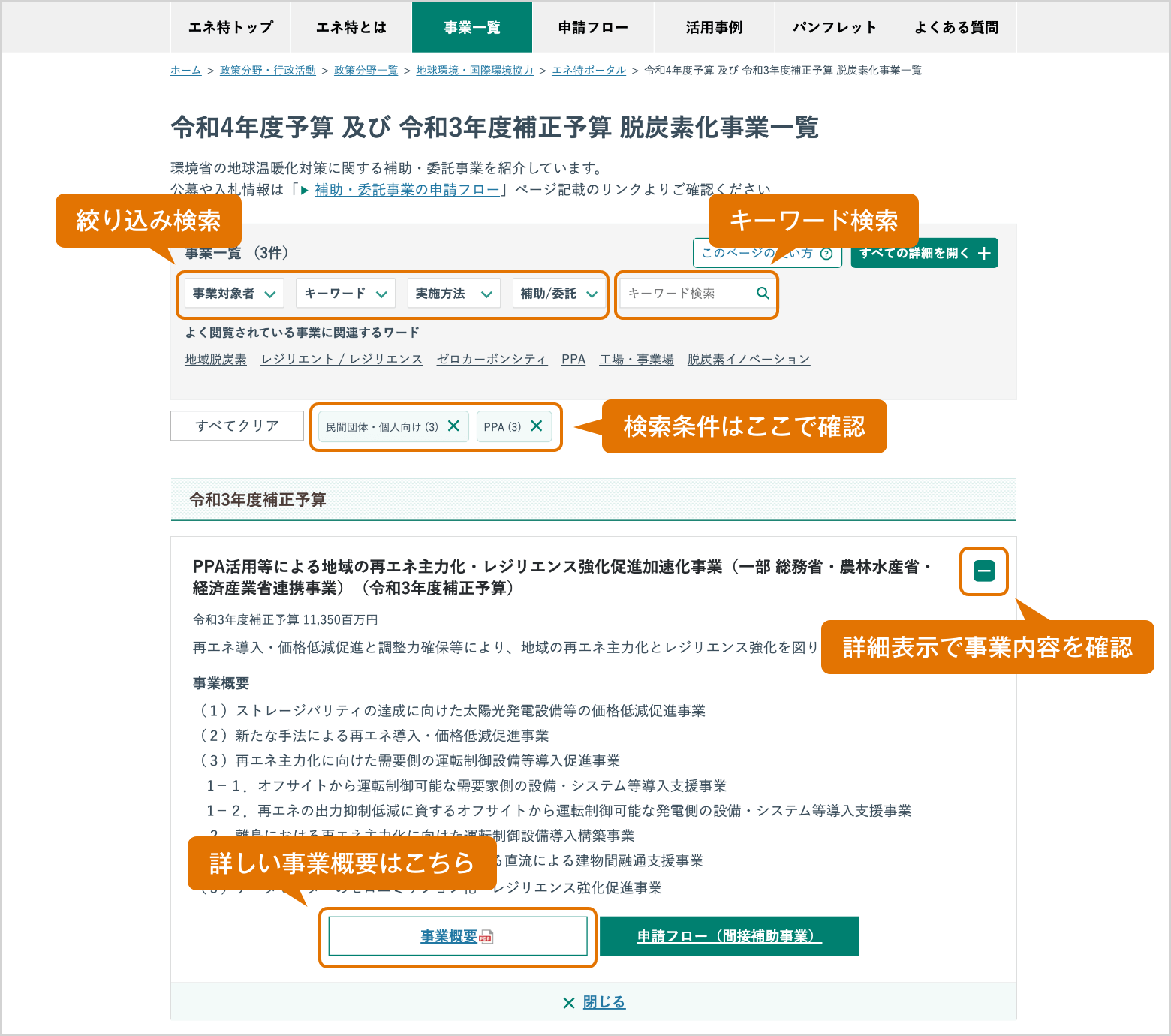 脱炭素化事業一覧 ページ機能の使い方