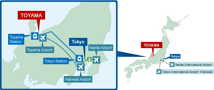 Access map from Tokyo to Toyama by air and by Shinkansen.