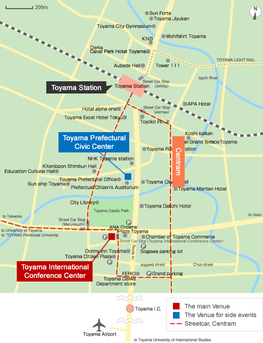 Access map to Toyama International Conference Center from Toyama Airport and Toyama Station