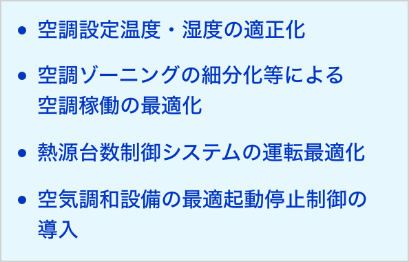 空調設定温度・湿度の適正化 空調ゾーニングの細分化等による 空調稼働の最適化 熱源台数制御システムの運転最適化 空気調和設備の最適起動停止制御の 導入
