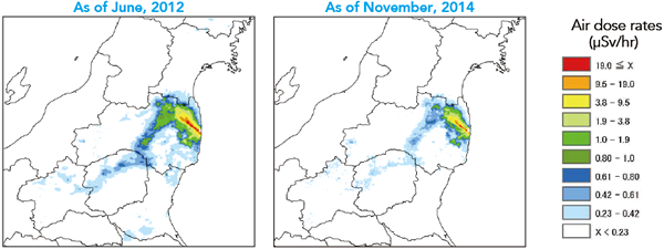 Decrease in the Air Dose Rates at and around Fukushima