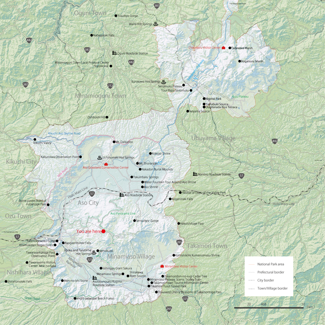Map: Driving routes and tourist spots in the Aso region