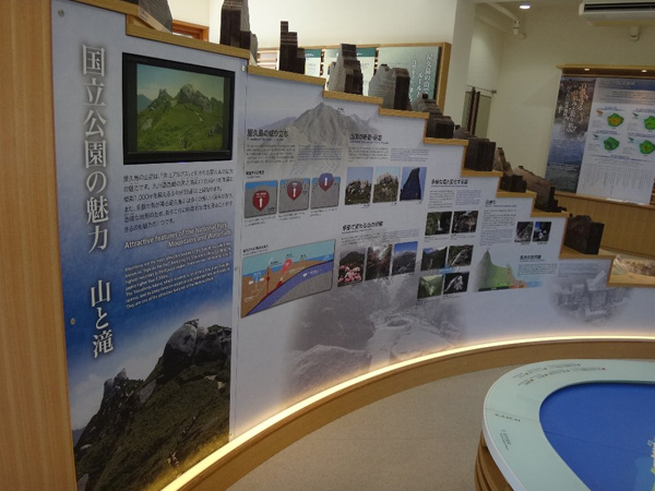 This is a photograph of the display explaining about the mountains and waterfalls in Yakushima National Park, which are what make it so attractive.