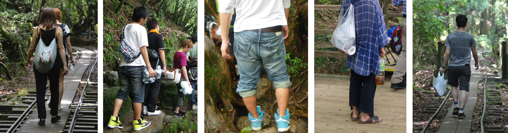 Examples of light clothing unsuitable for hiking in five photos. The photo on the far left shows the back view of a woman in a tank top and another in a T-shirt and shorts. The photo second from left shows several people wearing T-shirts and sneakers, while holding various items. The photo third from left shows a person in cotton jeans and sneakers, which do not easily dissipate sweat. The photo fourth from left shows a person wearing sandals with exposed feet and a plastic bag slung over his shoulder. The fifth photo from the left (on the far right) shows a person in a T-shirt, shorts and sneakers, and holding a bag.