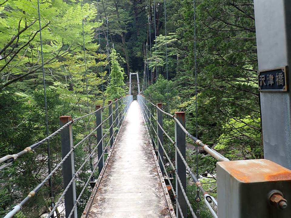 The Sawatsubashi Bridge. The narrow suspension bridge crosses the ravine, and is surrounded by forest.