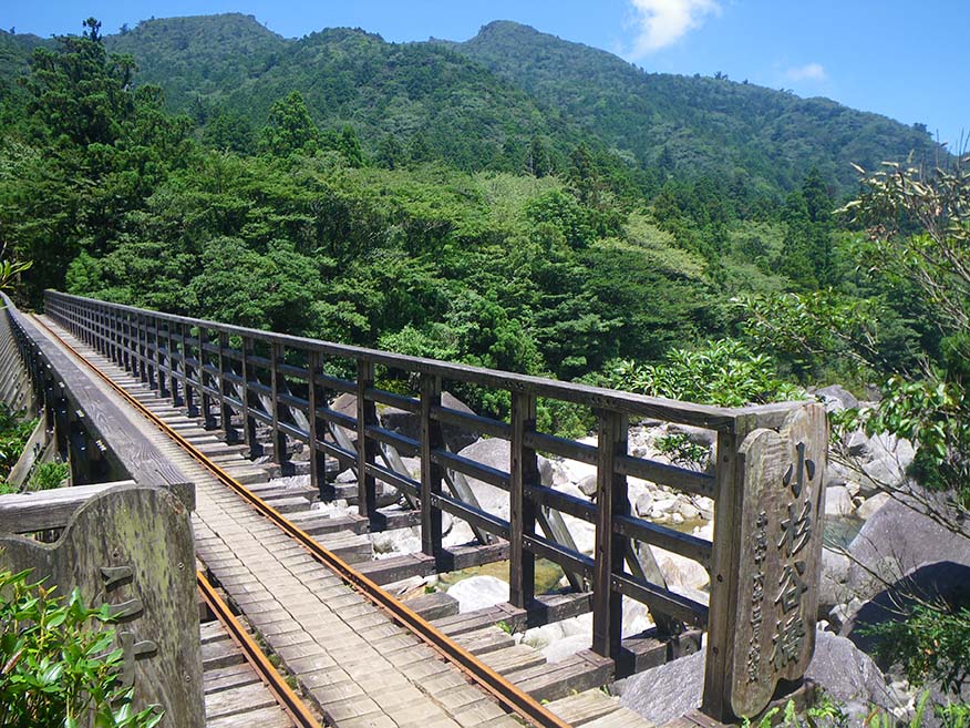 The Old Kosugidani Village Site. This photo is taken from the opposite bank after crossing the Kosugidanibashi Bridge in the foreground, with the ruins of the village against the lush green mountain.