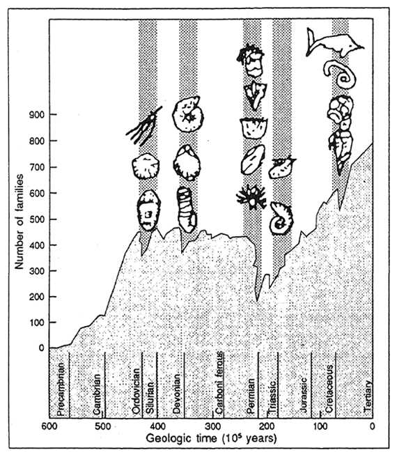 Fig. 2-2 Mass Extinctions and Affected Animal Groups