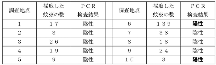 画像：蚊のデングウイルス保有調査の結果の表