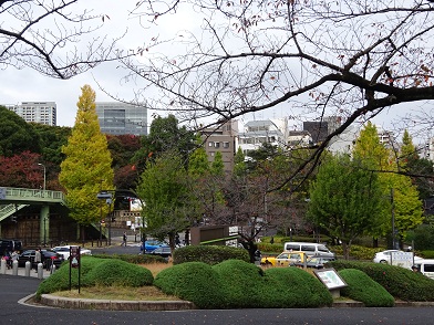 写真：靖国神社の黄色良いイチョウが正面に見える田安門外通り北の丸公園の入口