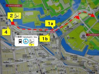 竹橋駅（車いす昇降機がある２番口）から北の丸公園（北桔橋門口・乾門口）までのバリアフリー経路図です
