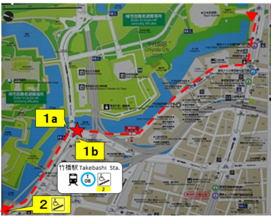 竹橋駅（車いす昇降機がある２番口）から北の丸公園（田安門口）までのバリアフリー経路図