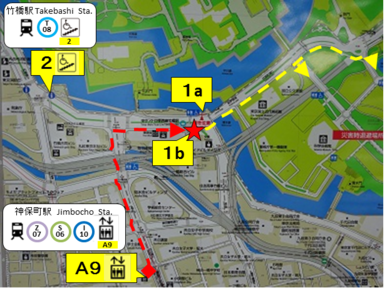 神保町駅（ＥＶのある９番出入口）から竹橋交差点を経由して東京国立近代美術館や国立公文書館、科学技術館等がある北桔橋門口方面や工芸館がある乾門口までのバリアフリー経路図です
