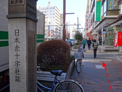 目白通りに設けられている史跡標石のひとつで、日本赤十字社跡の標石を写した写真です。