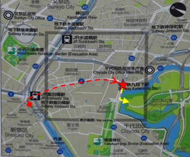 飯田橋駅（地下鉄エレベータ出入口）から九段下交差点を経由して日本武道館などがある北の丸公園田安門口までのバリアフリー経路図です