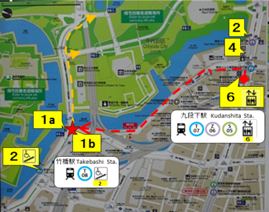 九段下駅（ＥＶがある6番出入口）から竹橋交差点（竹橋駅１番口付近）に向かうバリアフリー経路図です