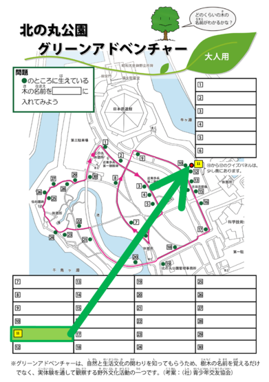 図：北の丸公園グリーンアドベンチャー、大人用コースＮｏ.１１の位置図です