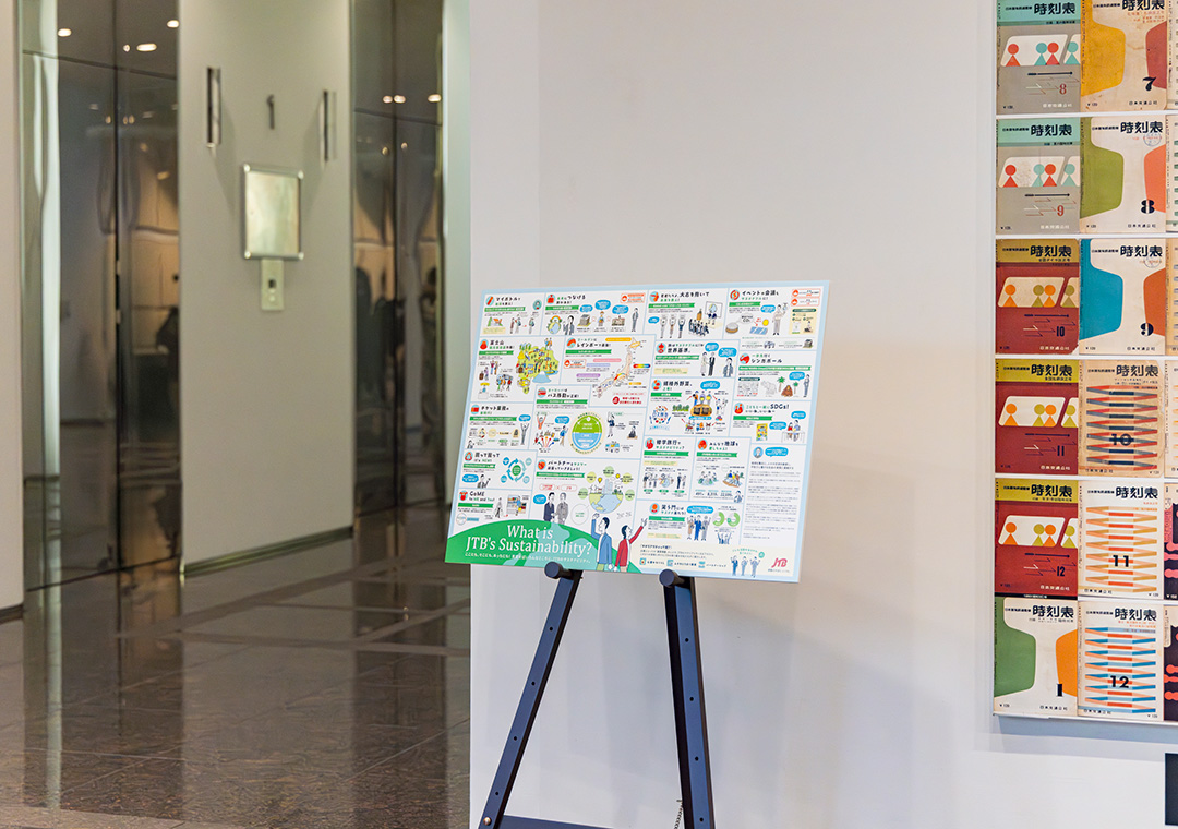 サステナビリティの取り組みをまとめたポスターをエレベーターホールなどオフィス内の各所に掲示し、社員の意識を高めている。