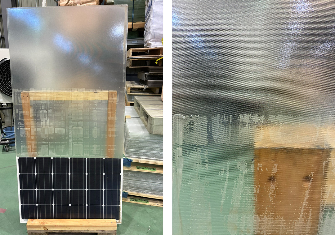 下部はセルシートを剥がす前、中部はホットナイフ分離法によりセルシートを剥がした状態、そして上部はガラスの表面に残っていた樹脂などの素材もウォータージェット工法で取り除かれた状態（左）。上部に行くほど工程が進んできれいになっている様子がわかる（右）。（写真提供：浜田）