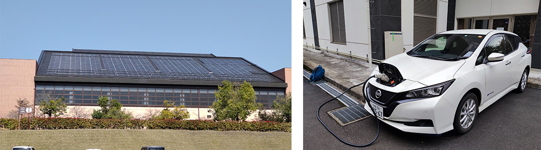 2021年に太陽光発電と蓄電池を設置した三段池公園総合体育館（左）。福知山市武道館に設置されたV2Bシステム。災害・停電時には電気自動車から建物に給電できる（右）。（写真提供：たんたんエナジー）