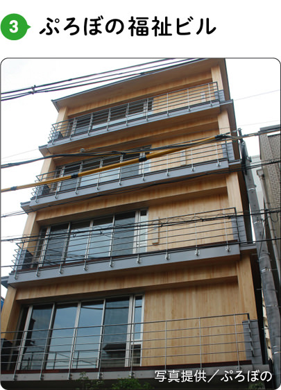 ぷろぼの福祉ビル／奈良の市街地に建つ、木造5階建ての福祉施設。奈良県産のスギやヒノキを使ったCLTを用い、林野庁「ウッドデザイン賞」を受賞した／写真提供／ぷろぼの