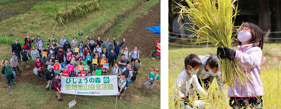美松堂はモリ田守センターの一角を「びしょうの森」と称して、自然体験イベントを年数回開催（左）。稲刈りの様子（右）。