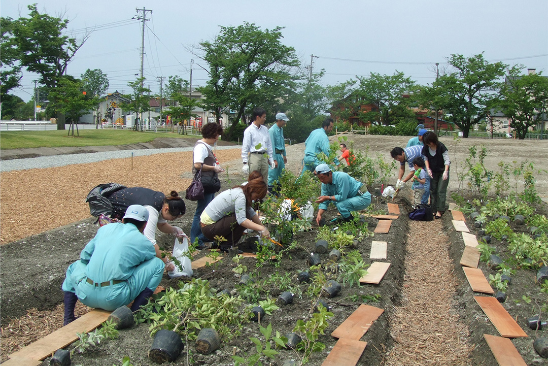 苗木を植える作業にはYKKグループの従業員やその家族、地域住民など1,300人近くが参加。