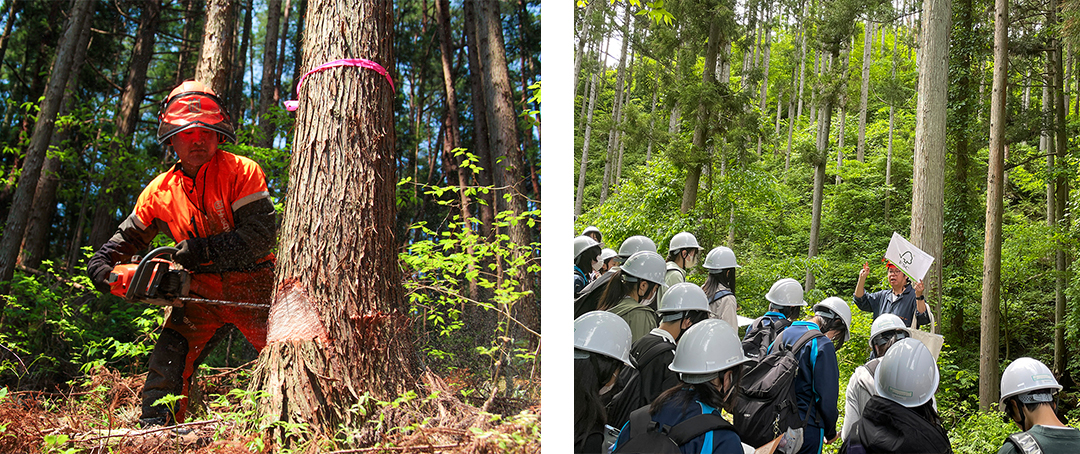 装備の充実など、労働者の安全確保は不可欠（左）。学生向けの見学ツアー（右）。