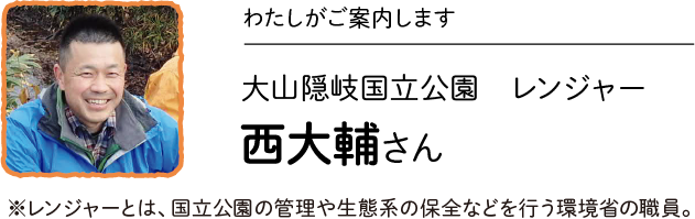 わたしがご案内します／大山隠岐国立公園 レンジャー 西大輔さん※レンジャーとは、国立公園の管理や生態系の保全などを行う環境省の職員。